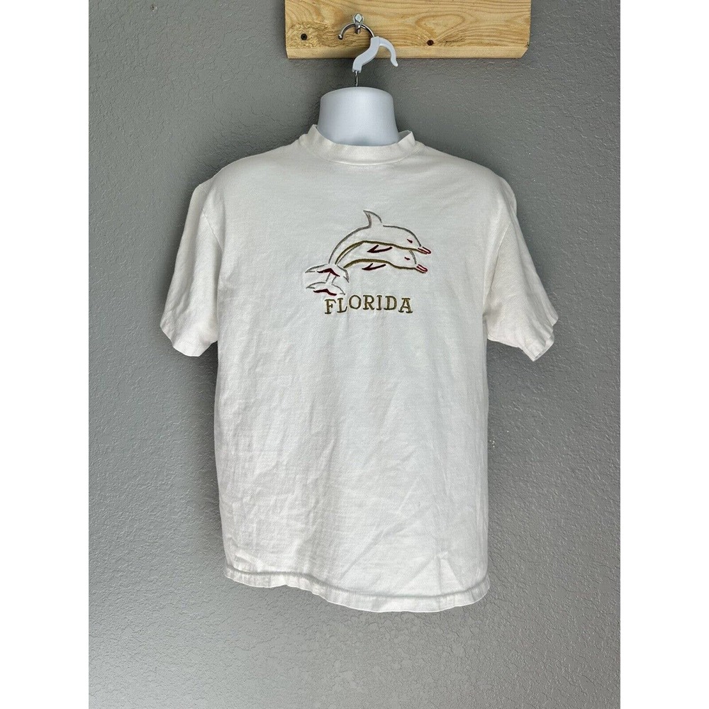 Vintage 90s Size L Florida/Dolphins Embroidered Single Stitch White T Shirt‎